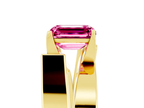 Yellow gold Modern Tension Set Emerald Cut Pink Sapphire Solitaire Wide Band Ring_17