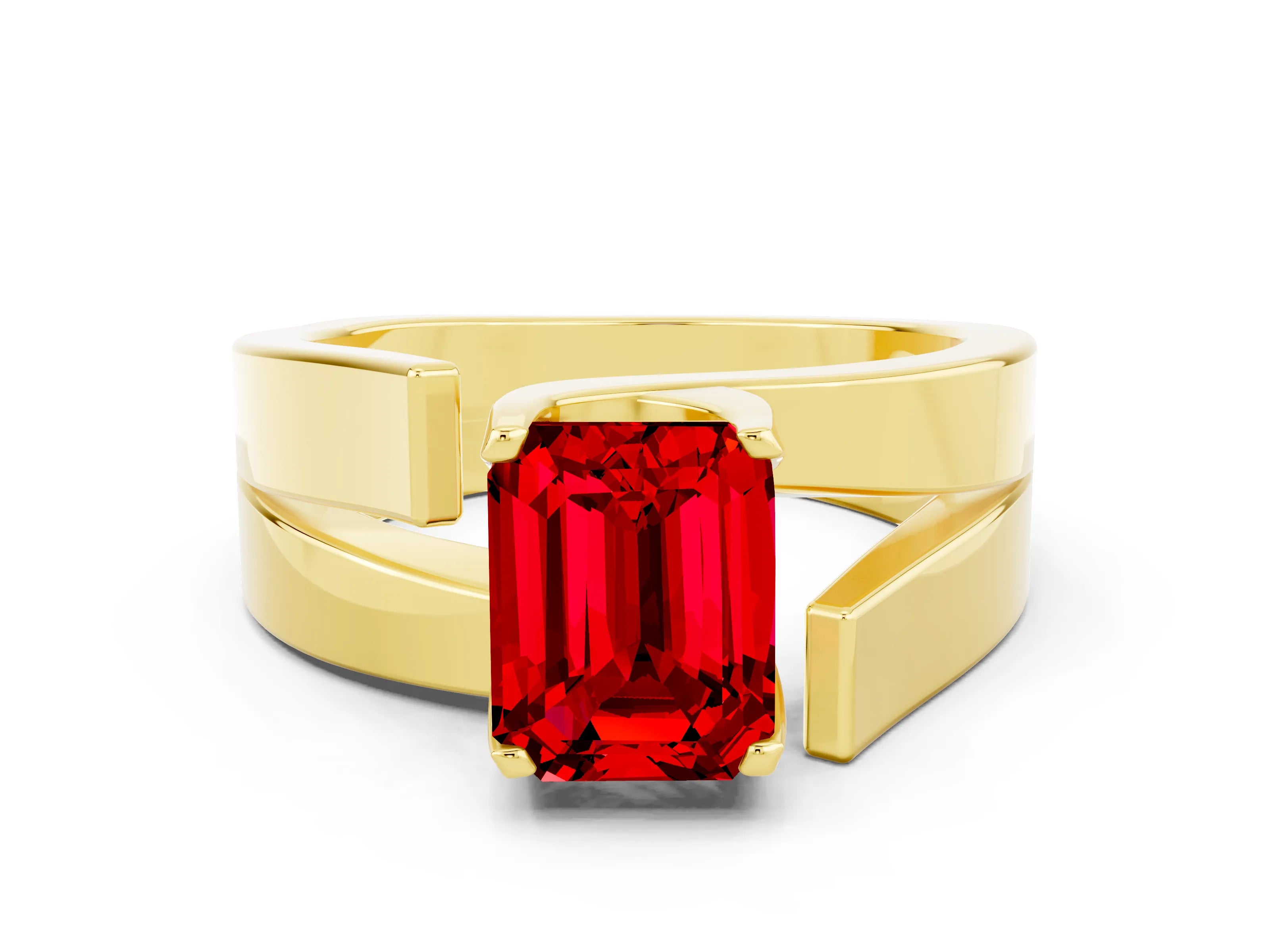 Yellow gold Modern Tension Set Emerald Cut Ruby Solitaire Wide Band Ring_23