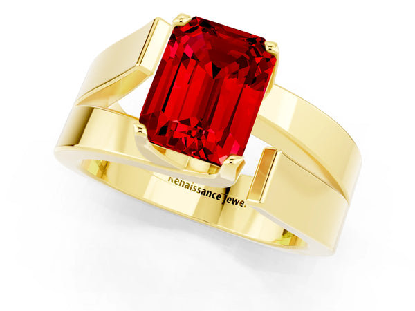 Yellow gold Modern Tension Set Emerald Cut Ruby Solitaire Wide Band Ring