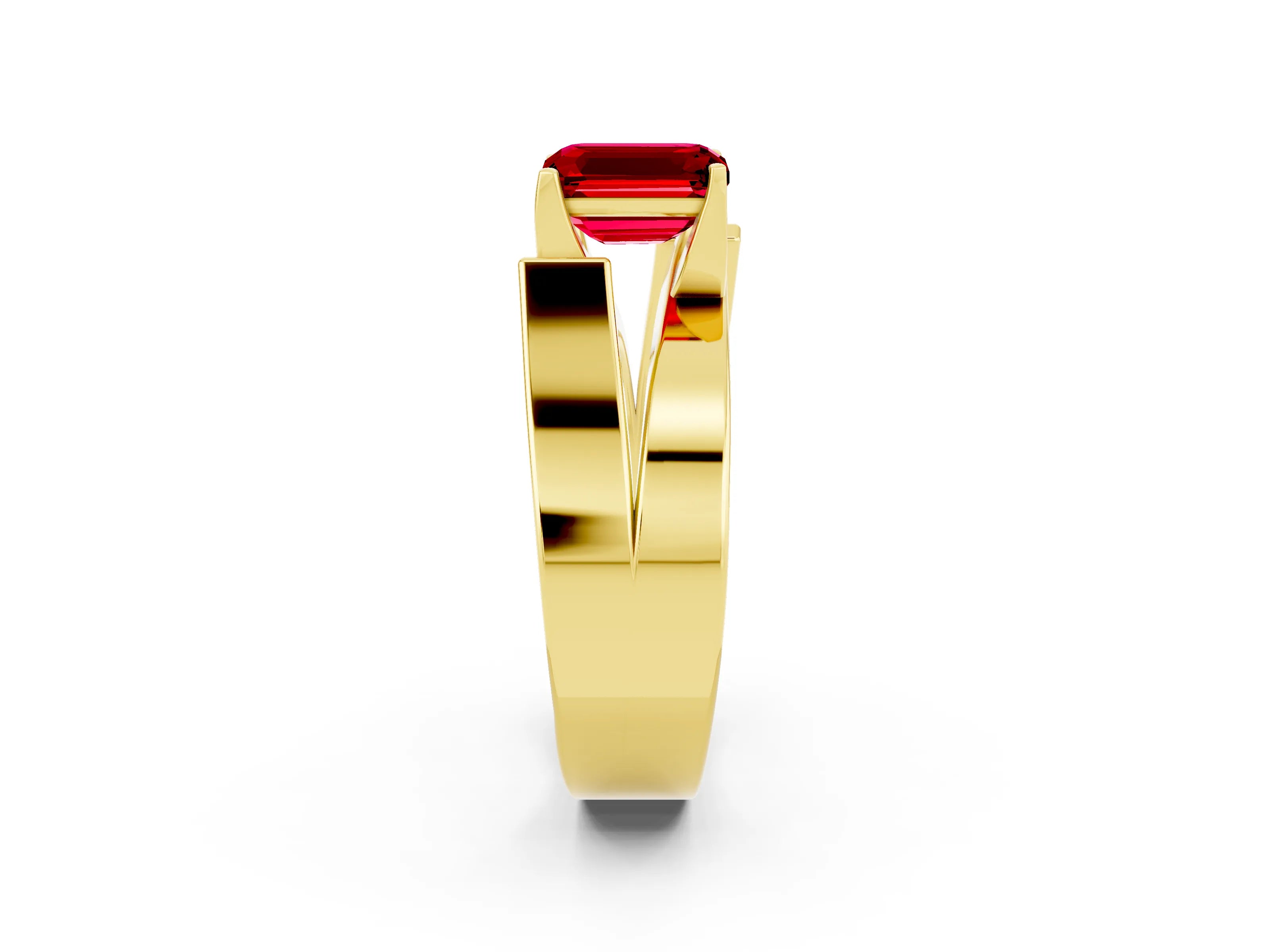 Yellow gold Modern Tension Set Emerald Cut Ruby Solitaire Wide Band Ring_25