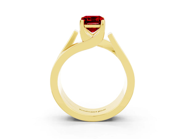 Yellow gold Modern Tension Set Emerald Cut Ruby Solitaire Wide Band Ring