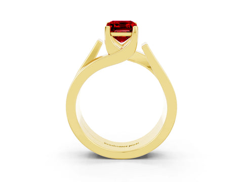 Yellow gold Modern Tension Set Emerald Cut Ruby Solitaire Wide Band Ring_26
