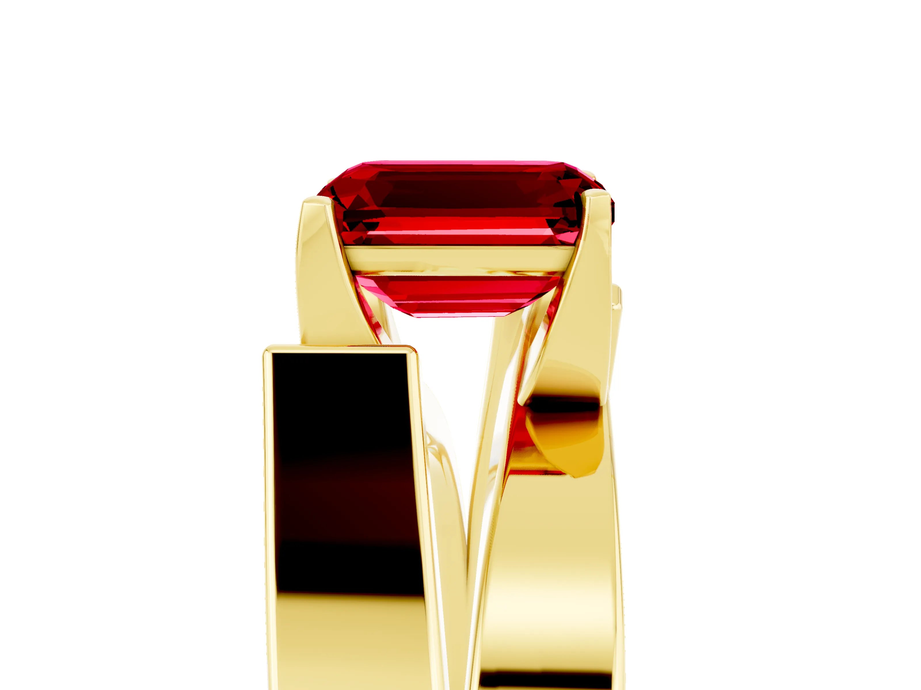 Yellow gold Modern Tension Set Emerald Cut Ruby Solitaire Wide Band Ring_28