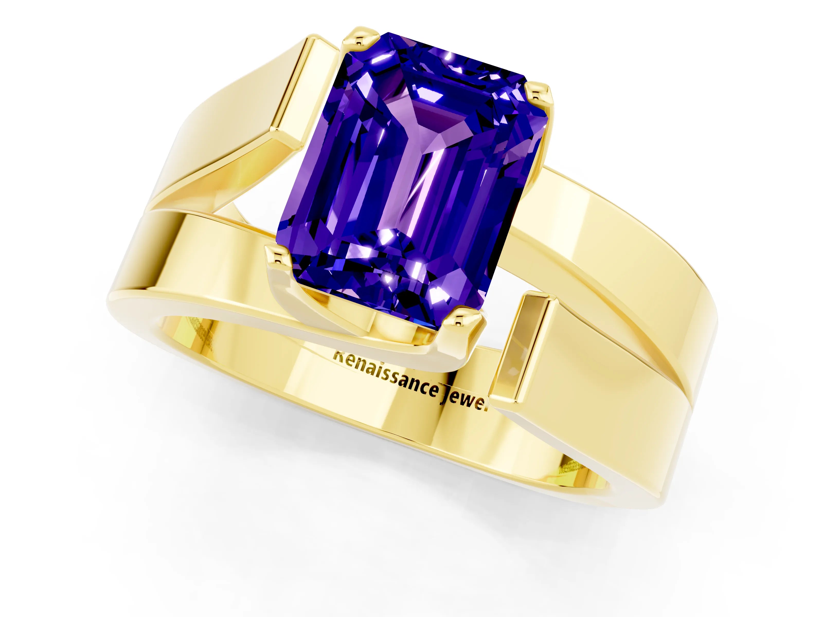 Yellow gold Modern Tension Set Emerald Cut Tanzanite Solitaire Wide Band Ring_1