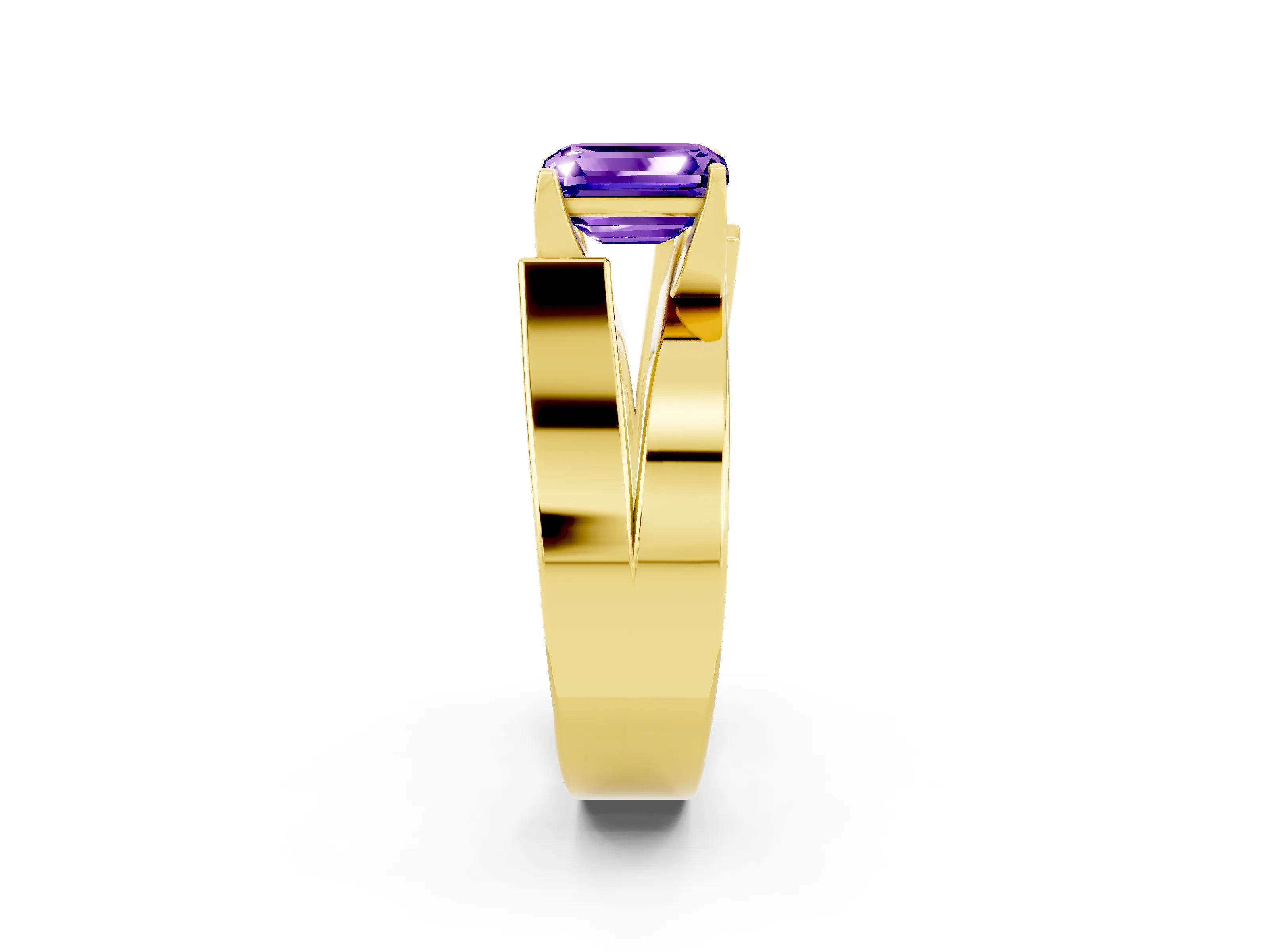 Yellow gold Modern Tension Set Emerald Cut Tanzanite Solitaire Wide Band Ring_2