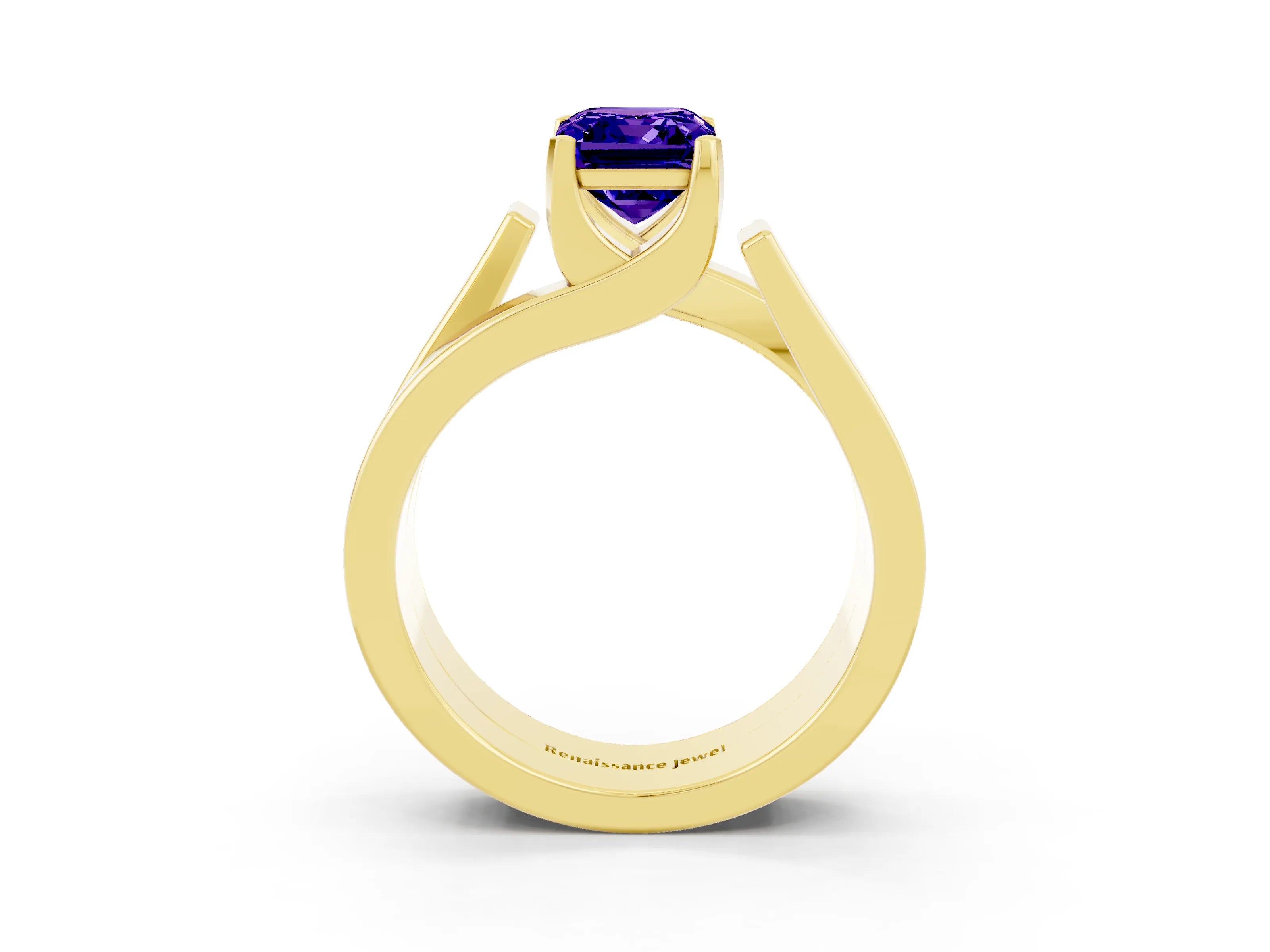 Yellow gold Modern Tension Set Emerald Cut Tanzanite Solitaire Wide Band Ring_3