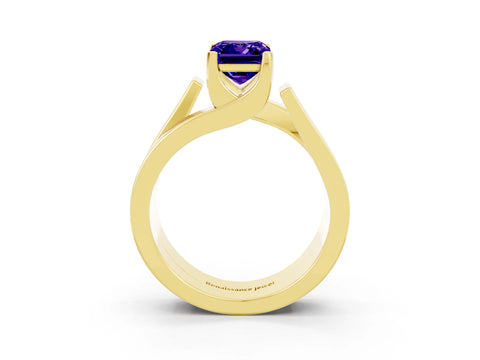 Yellow gold Modern Tension Set Emerald Cut Tanzanite Solitaire Wide Band Ring_3