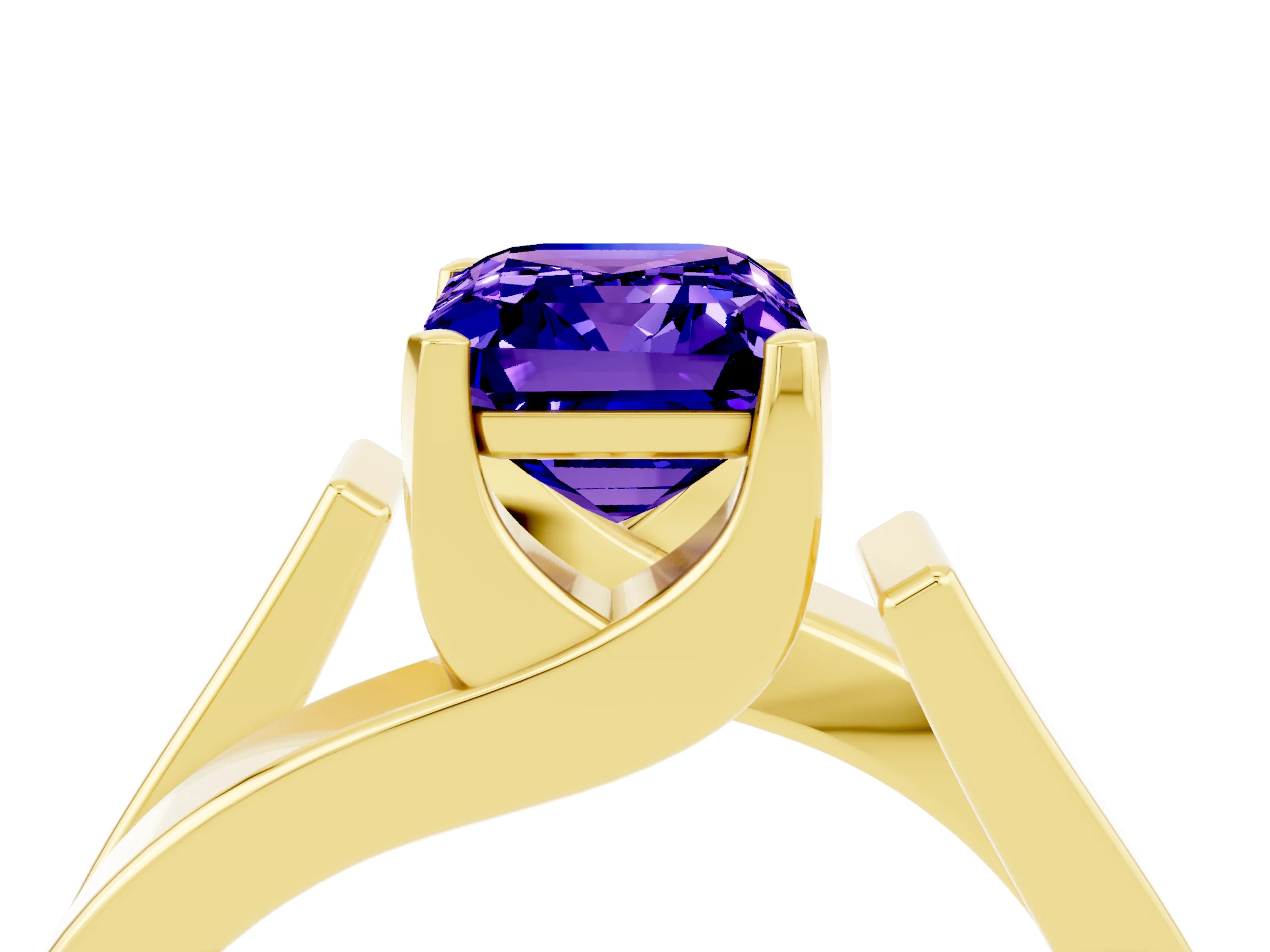 Yellow gold Modern Tension Set Emerald Cut Tanzanite Solitaire Wide Band Ring_4
