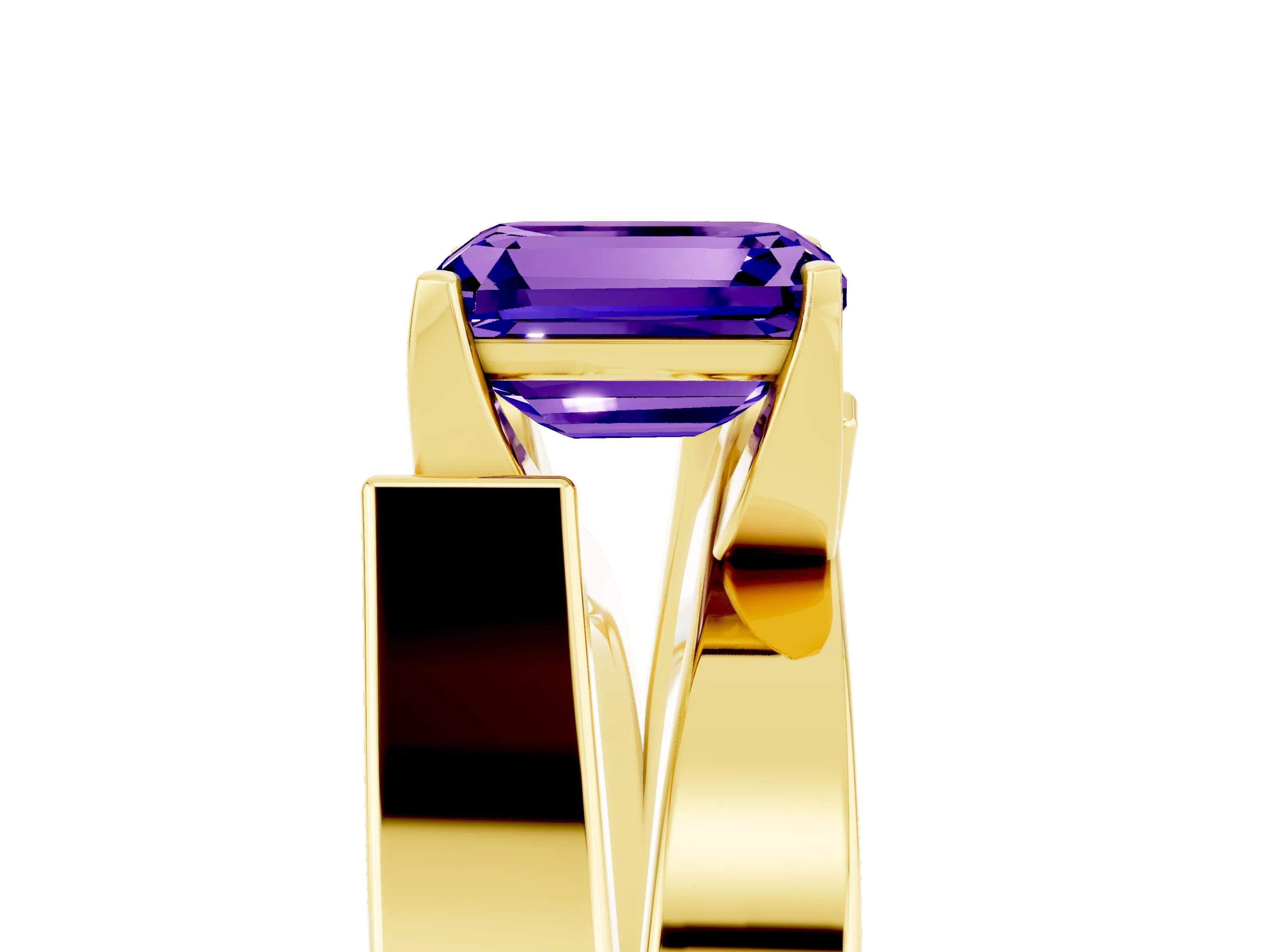 Yellow gold Modern Tension Set Emerald Cut Tanzanite Solitaire Wide Band Ring_5