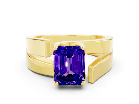 Yellow gold Modern Tension Set Emerald Cut Tanzanite Solitaire Wide Band Ring