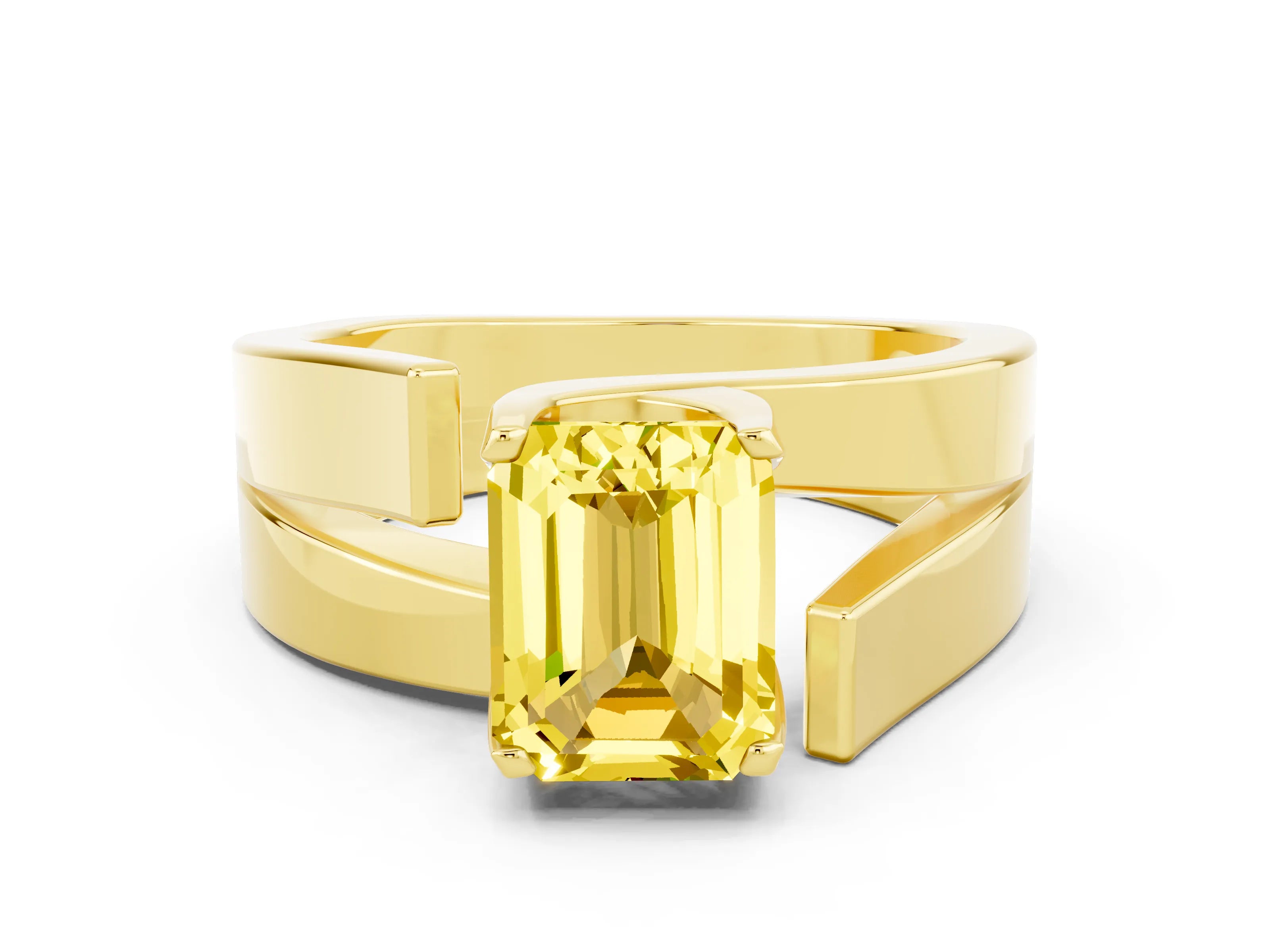 Yellow gold Modern Tension Set Emerald Cut Yellow Sapphire Solitaire Wide Band Ring_12