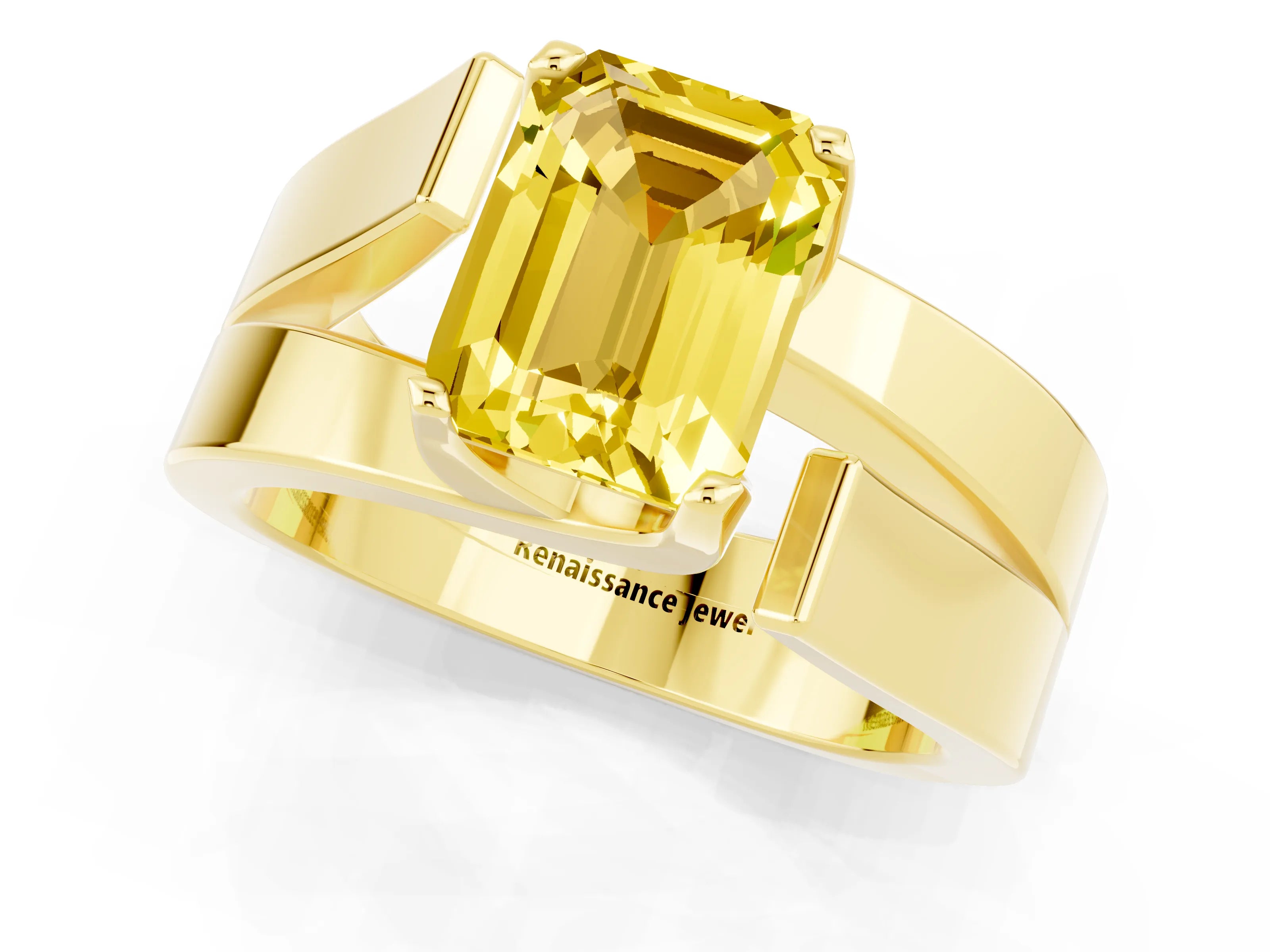 Yellow gold Modern Tension Set Emerald Cut Yellow Sapphire Solitaire Wide Band Ring_13