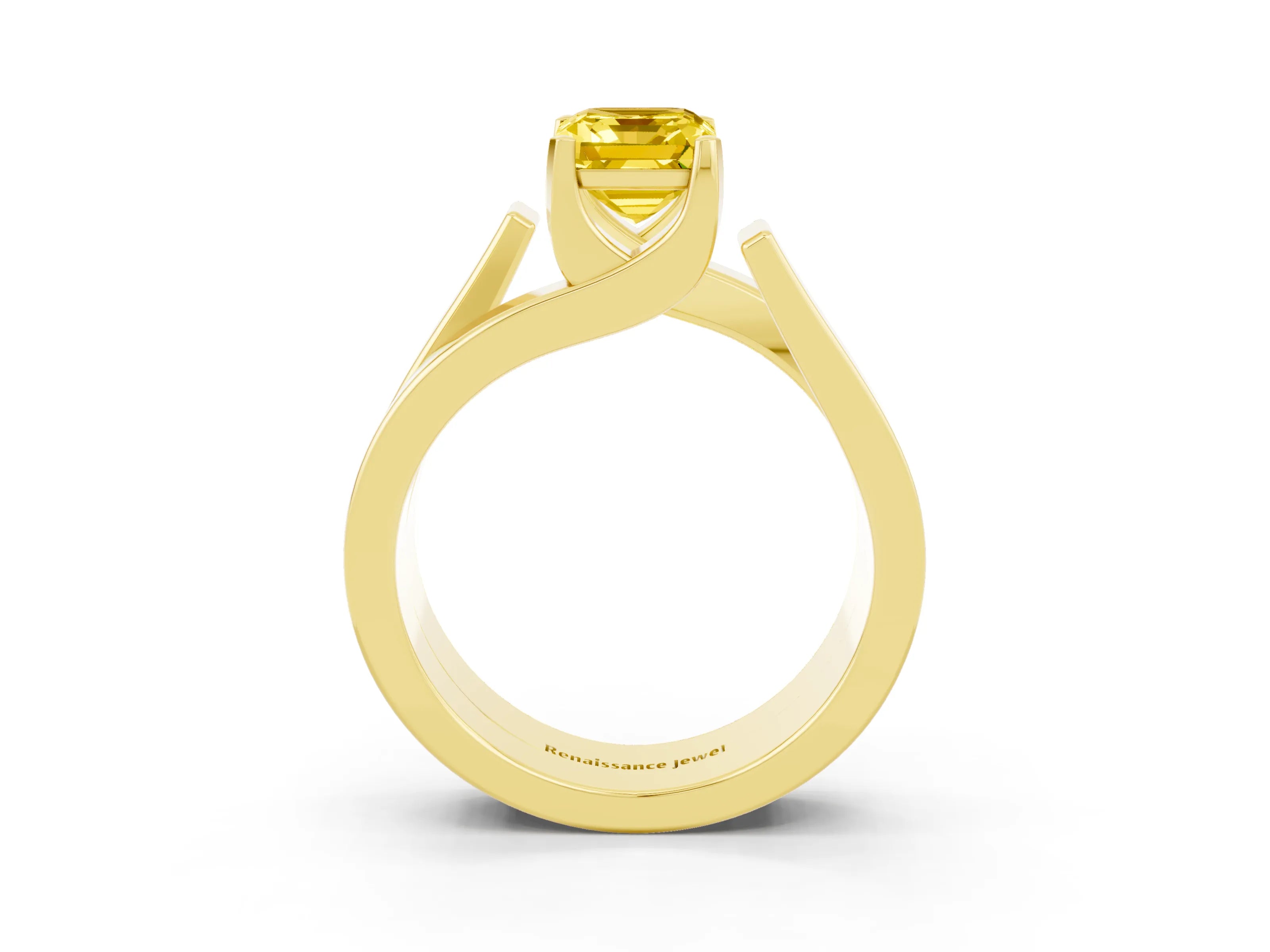 Yellow gold Modern Tension Set Emerald Cut Yellow Sapphire Solitaire Wide Band Ring_15