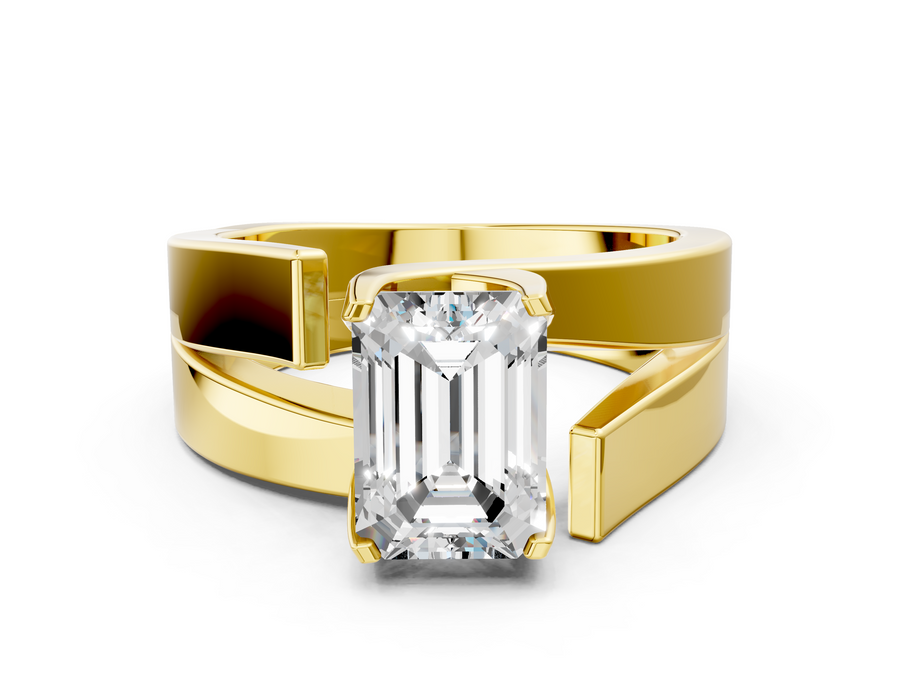 Yellow gold Modern Tension Set Emerald Cut Diamond Solitaire Wide Band Ring
