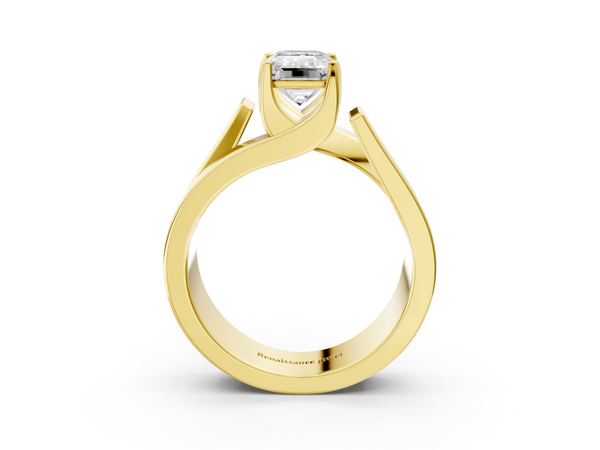 Yellow gold Modern Tension Set Emerald Cut Diamond Solitaire Wide Band Ring
