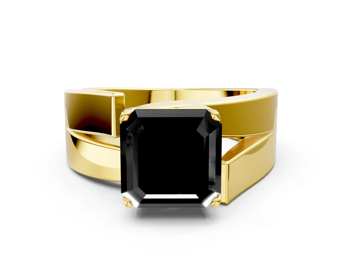 Yellow gold Modern Tension Set Fancy Black Asscher Cut Solitaire Wide Band Ring