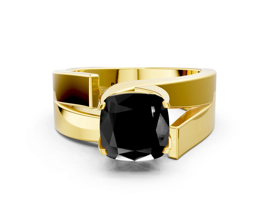 Yellow gold Modern Tension Set Fancy Black Cushion Cut Solitaire Wide Band Ring