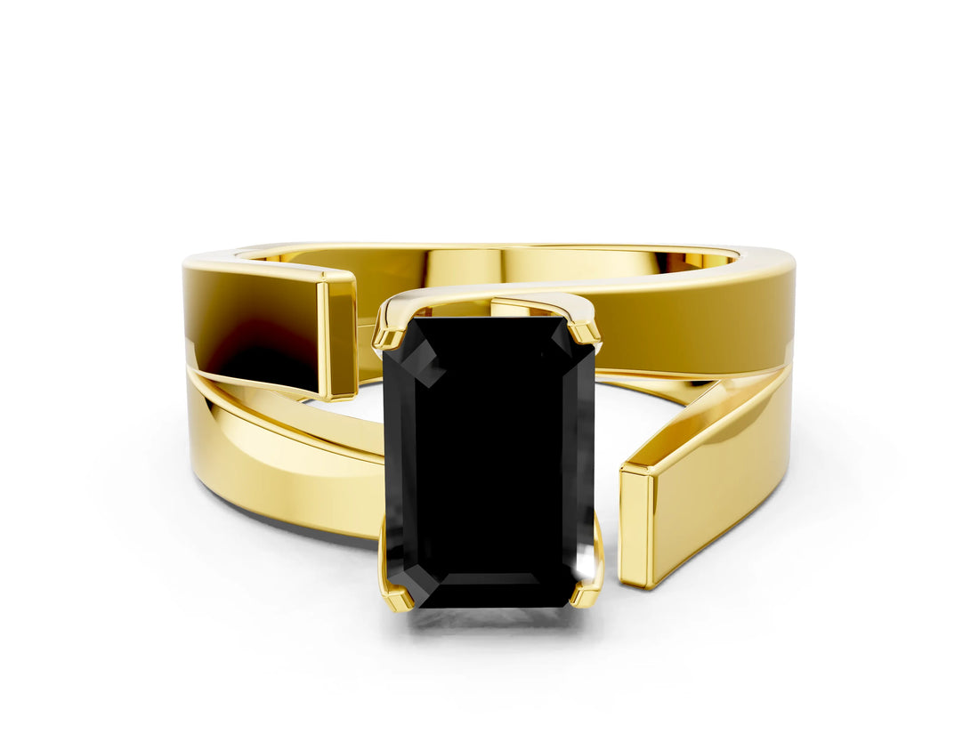 Yellow gold Modern Tension Set Fancy Black Emerald Cut Solitaire Wide Band Ring