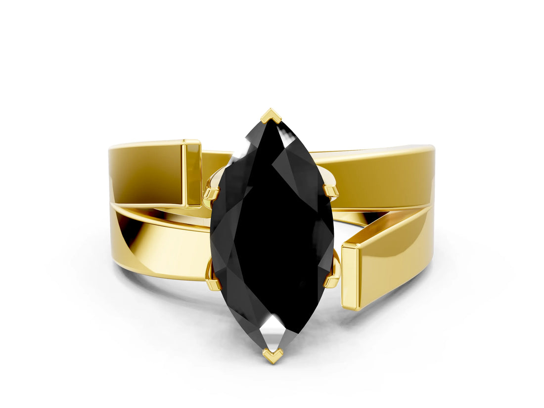 Yellow gold Modern Tension Set Fancy Black Marquise Cut Solitaire Wide Band Ring