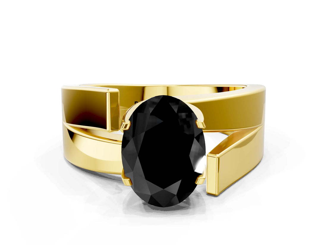 Yellow gold Modern Tension Set Fancy Black Oval Cut Solitaire Wide Band Ring