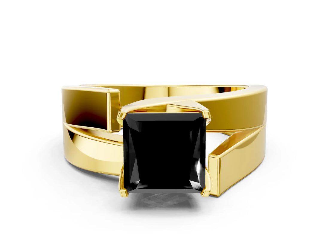 Yellow gold Modern Tension Set Fancy Black Princess Cut Solitaire Wide Band Ring