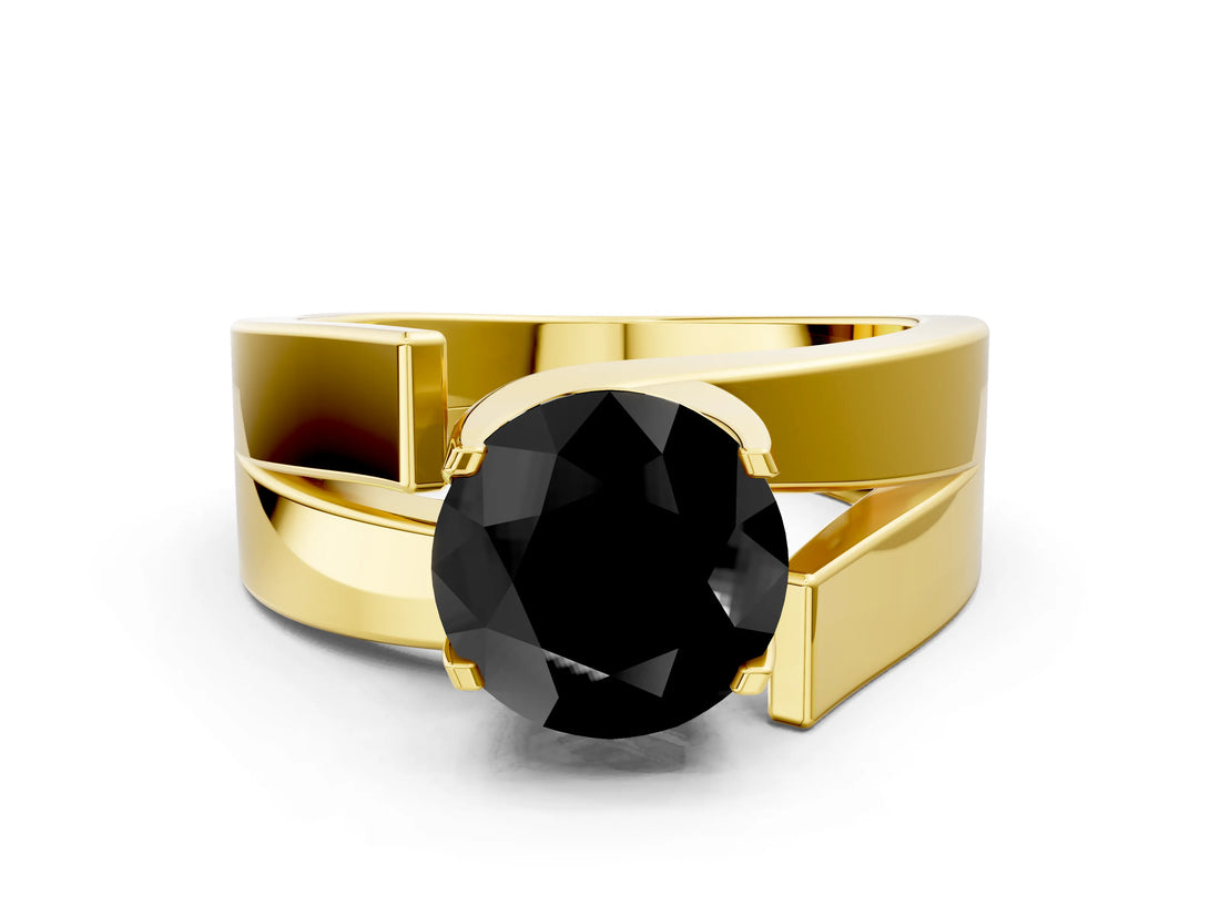 Yellow gold Modern Tension Set Fancy Black Round Cut Solitaire Wide Band Ring