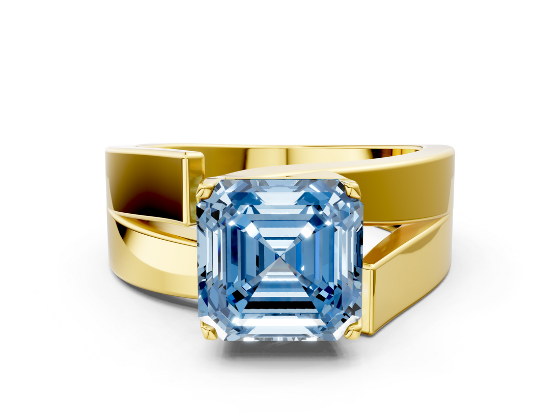 Yellow gold Modern Tension Set Fancy Blue Asscher  Solitaire Wide Band Ring_73