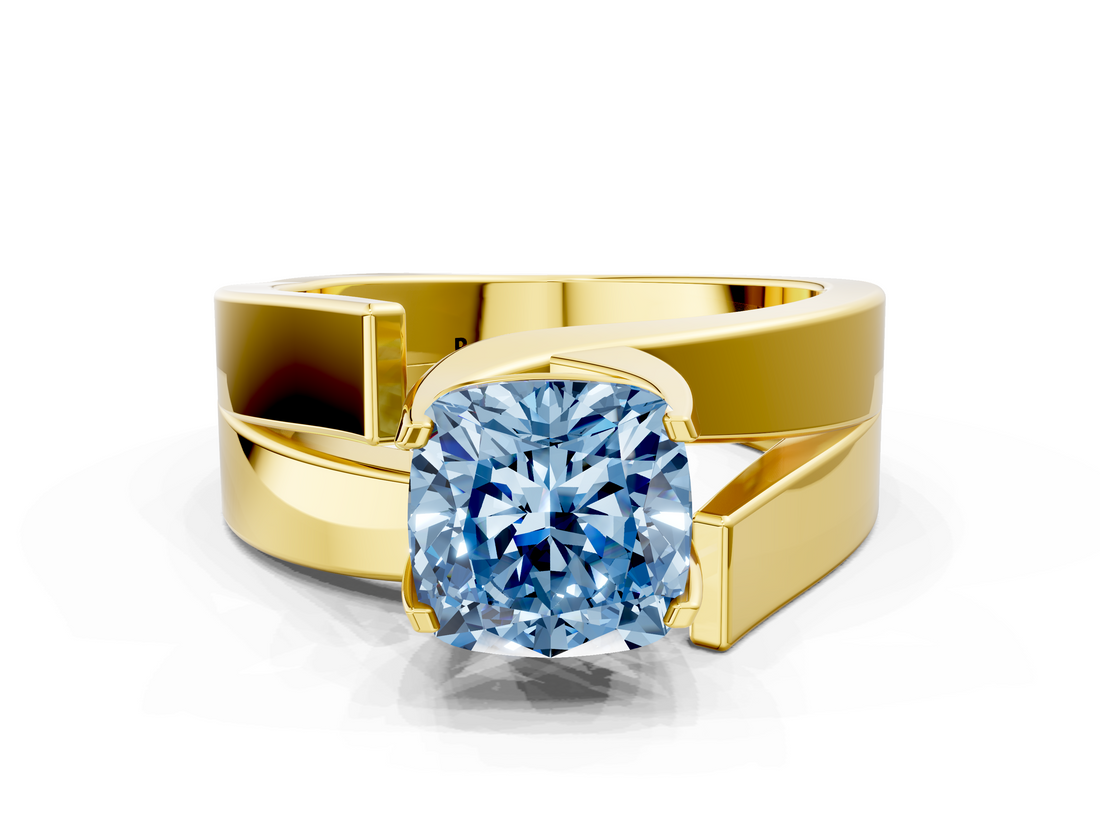 Yellow gold Modern Tension Set Fancy Blue Cushion  Solitaire Wide Band Ring_62
