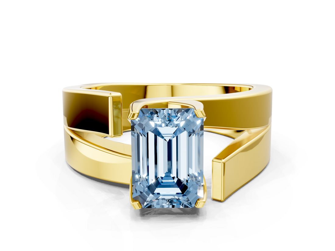 Yellow gold Modern Tension Set Fancy Blue Emerald  Solitaire Wide Band Ring_112