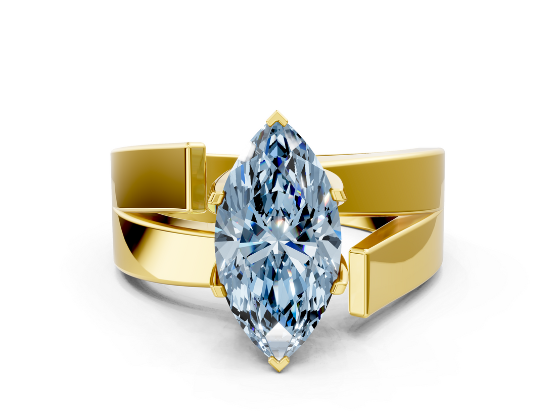 Yellow gold Modern Tension Set Fancy Blue Marquise  Solitaire Wide Band Ring_79