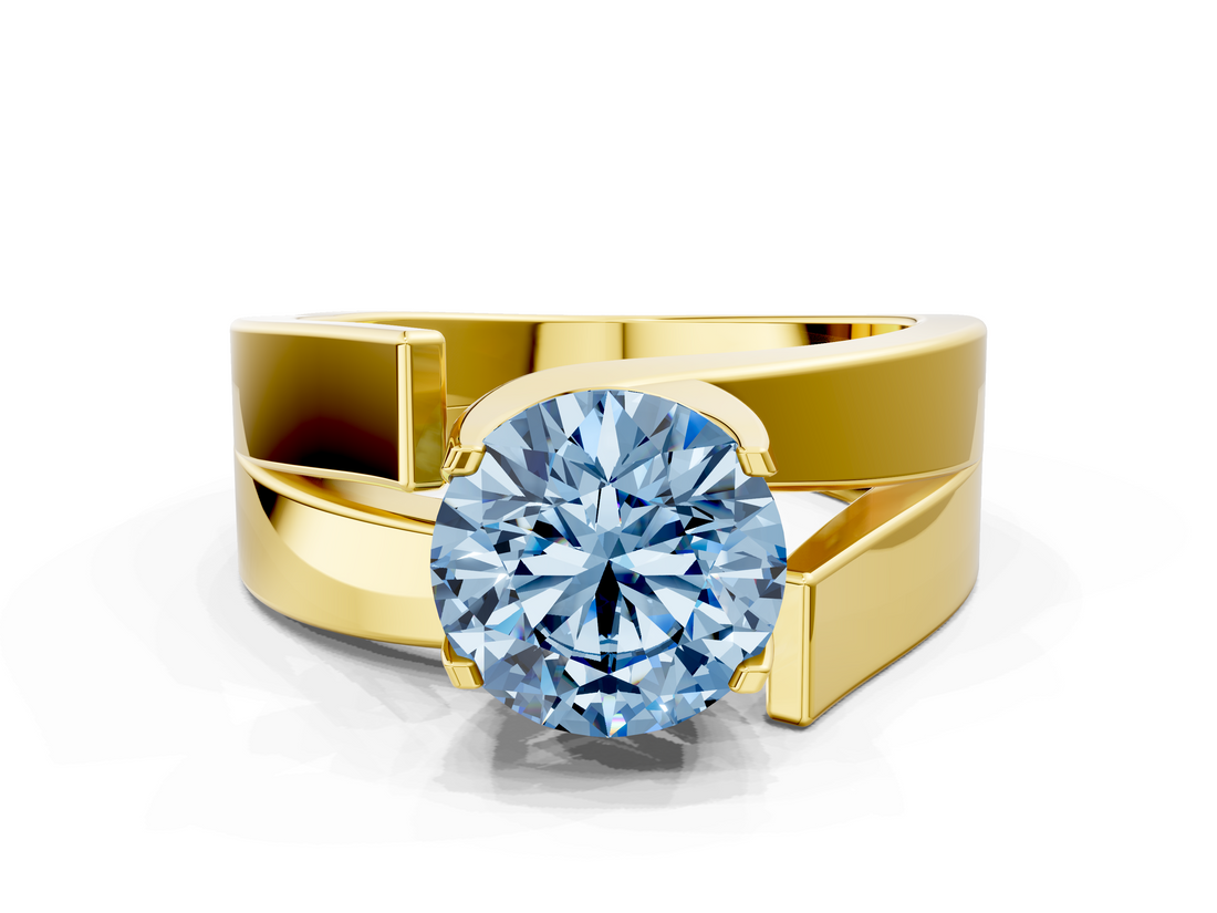 Yellow gold Modern Tension Set Fancy Blue Round  Solitaire Wide Band Ring_79
