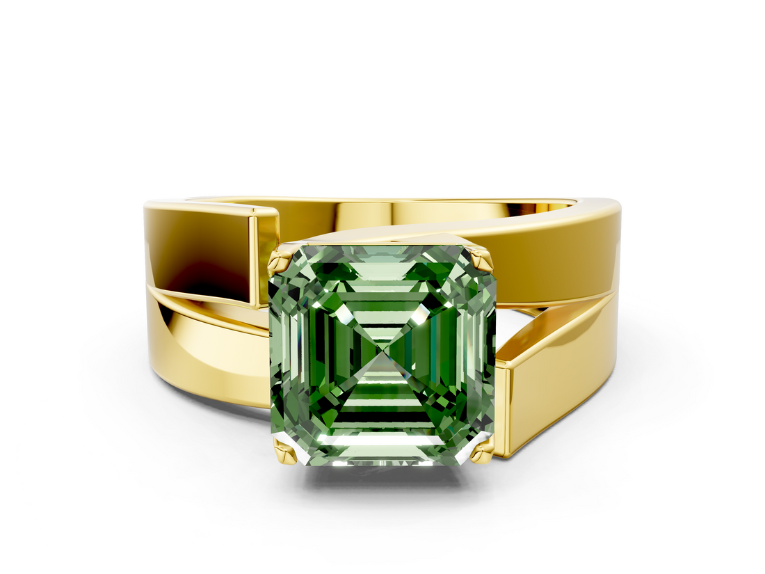 Yellow gold Modern Tension Set Fancy Green Asscher  Solitaire Wide Band Ring_73