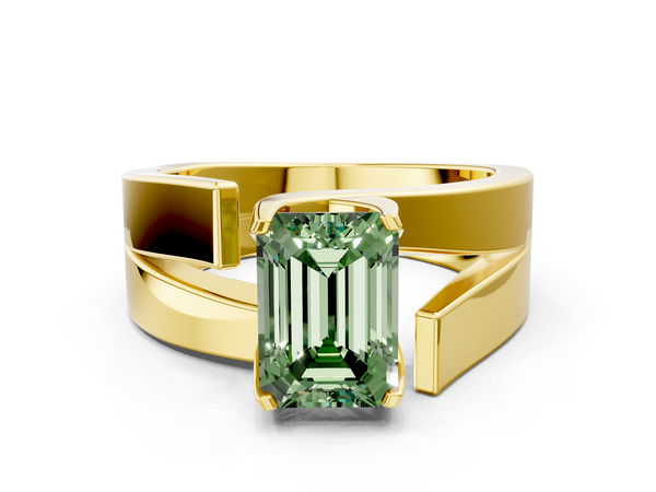 Yellow gold Modern Tension Set Fancy Green Emerald Cut Diamond Solitaire Wide Band Ring