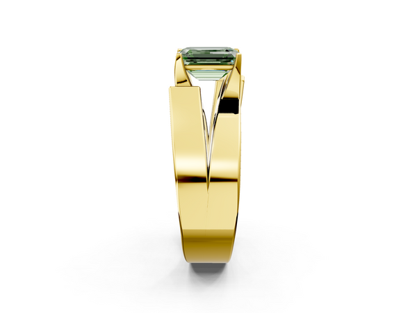 Yellow gold Modern Tension Set Fancy Green Emerald Cut Diamond Solitaire Wide Band Ring