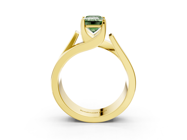 Yellow gold Modern Tension Set Fancy Green Emerald Cut Diamond Solitaire Wide Band Ring