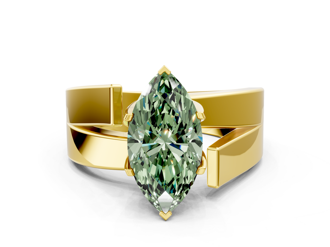 Yellow gold Modern Tension Set Fancy Green Marquise  Solitaire Wide Band Ring_96