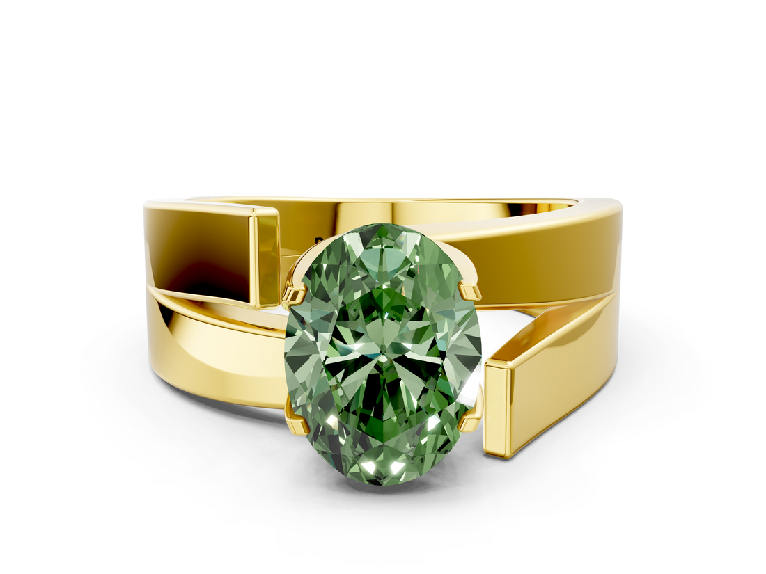 Yellow gold Modern Tension Set Fancy Green Oval  Solitaire Wide Band Ring_79