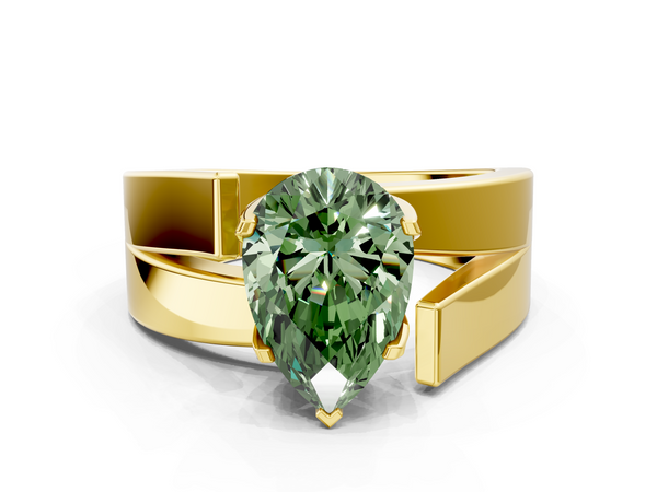 Yellow gold Modern Tension Set Fancy Green Pear Cut Diamond Solitaire Wide Band Ring