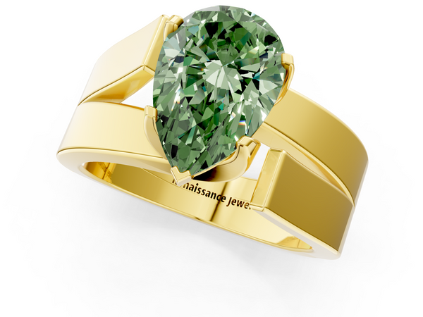 Yellow gold Modern Tension Set Fancy Green Pear Cut Diamond Solitaire Wide Band Ring