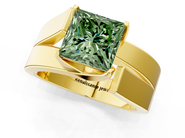 Yellow gold Modern Tension Set Fancy Green Princess Cut Diamond Solitaire Wide Band Ring