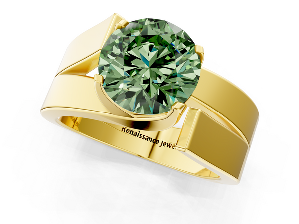 Yellow gold Modern Tension Set Fancy Green Round Cut Diamond Solitaire Wide Band Ring