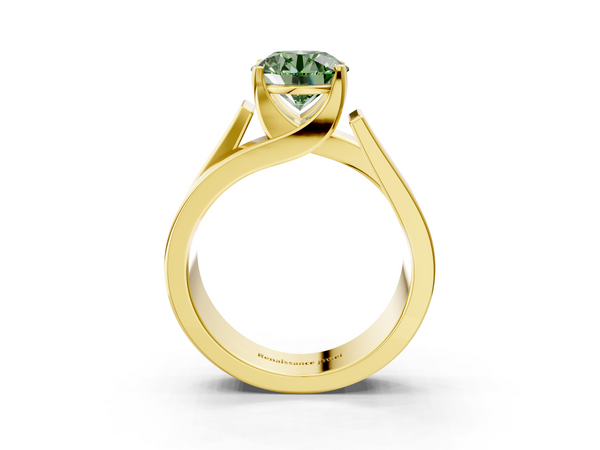Yellow gold Modern Tension Set Fancy Green Round Cut Diamond Solitaire Wide Band Ring