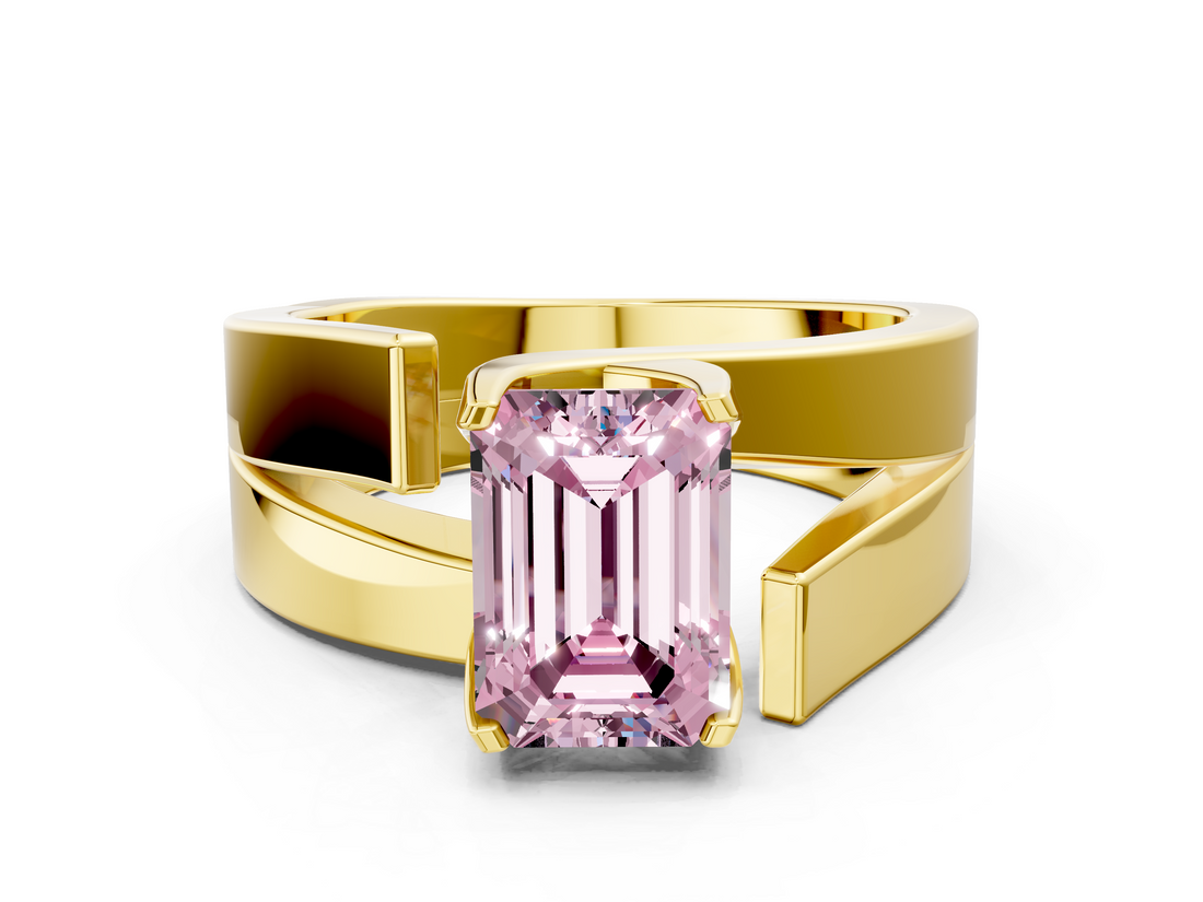 Yellow gold Modern Tension Set Fancy Pink Emerald  Solitaire Wide Band Ring_93