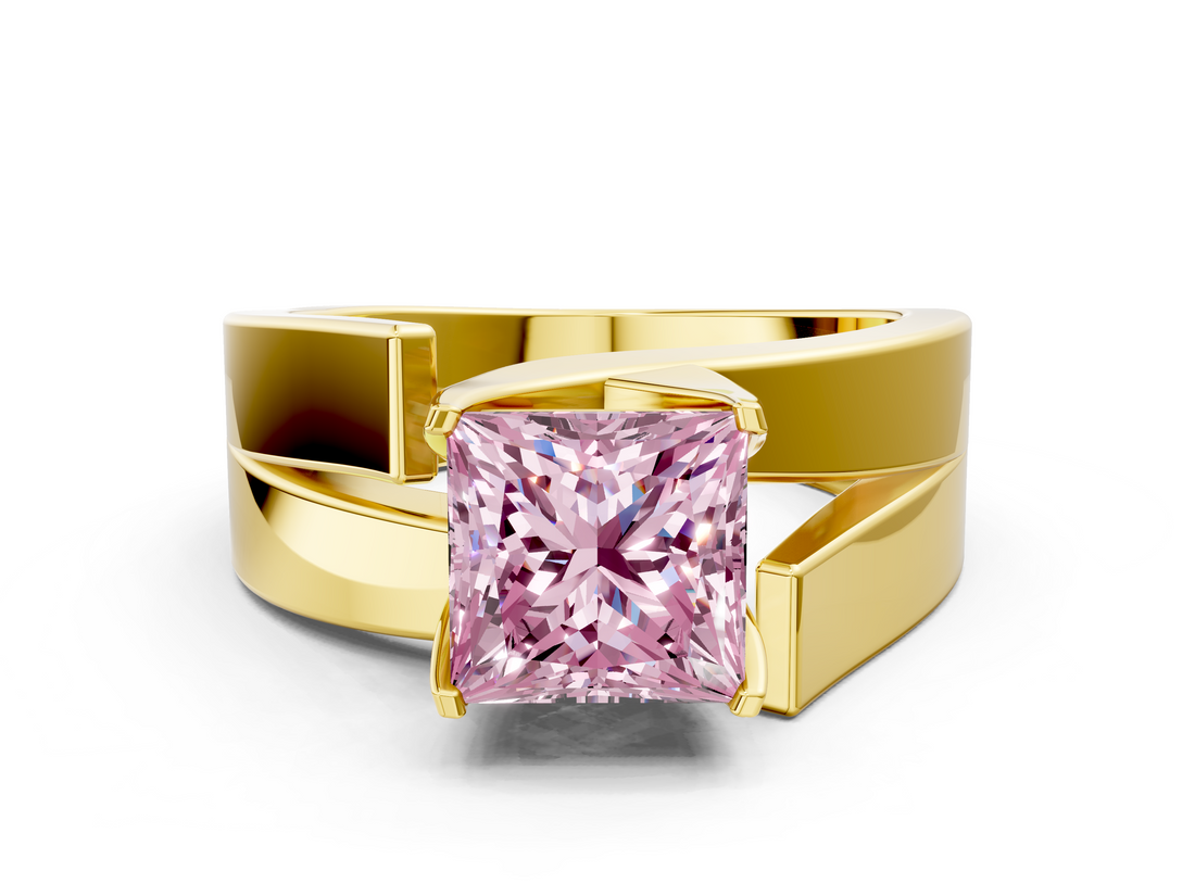 Yellow gold Modern Tension Set Fancy Pink Princess  Solitaire Wide Band Ring_16
