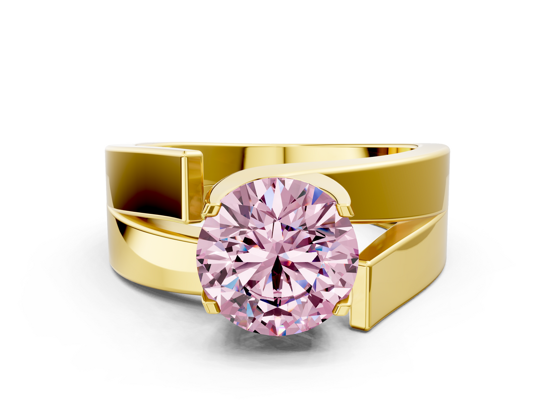 Yellow gold Modern Tension Set Fancy Pink Round  Solitaire Wide Band Ring_16