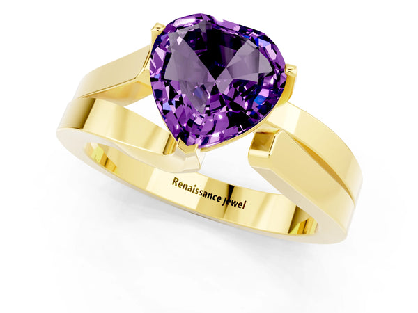 Yellow gold Modern Tension Set Heart Cut Amethyst Solitaire Wide Band Ring