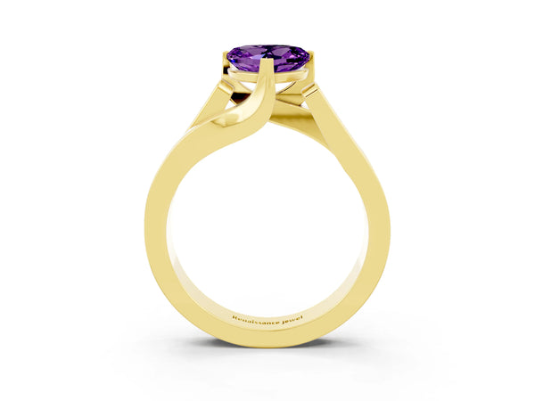 Yellow gold Modern Tension Set Heart Cut Amethyst Solitaire Wide Band Ring