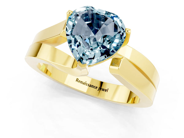 Yellow gold Modern Tension Set Heart Cut Aquamarine Solitaire Wide Band Ring