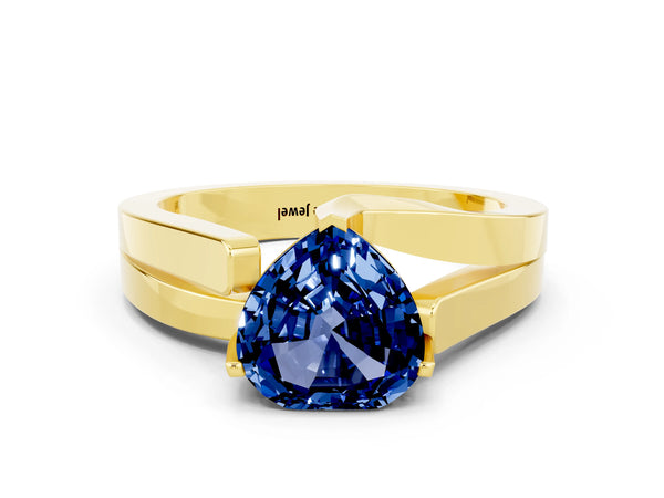 Yellow gold Modern Tension Set Heart Cut Blue Sapphire Solitaire Wide Band Ring