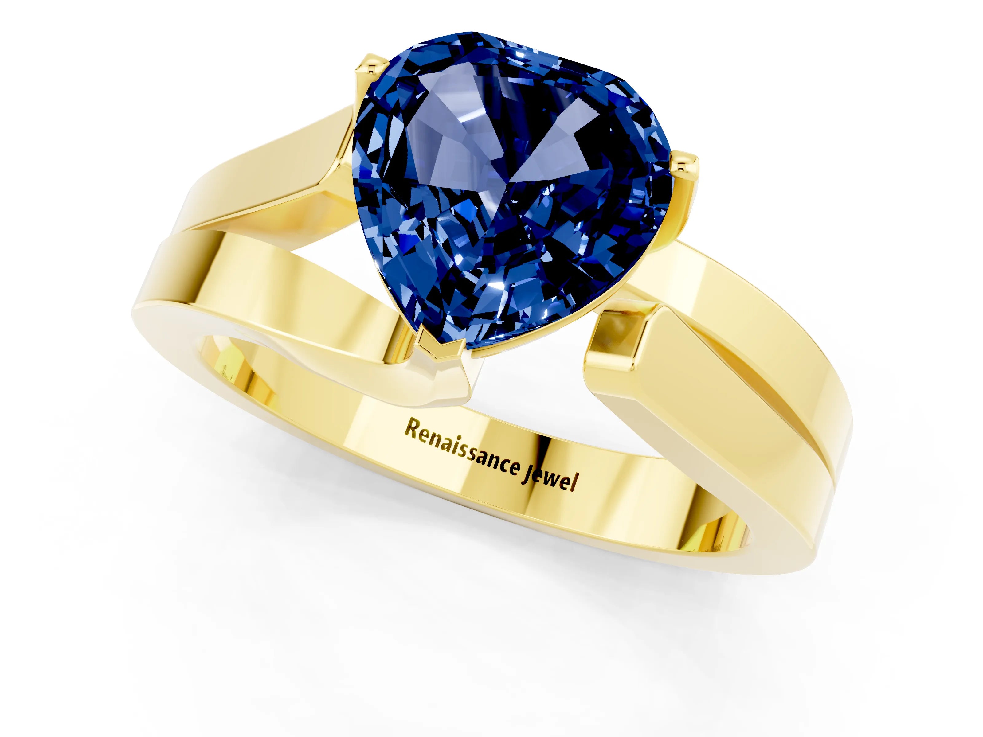 Yellow gold Modern Tension Set Heart Cut Blue Sapphire Solitaire Wide Band Ring_1